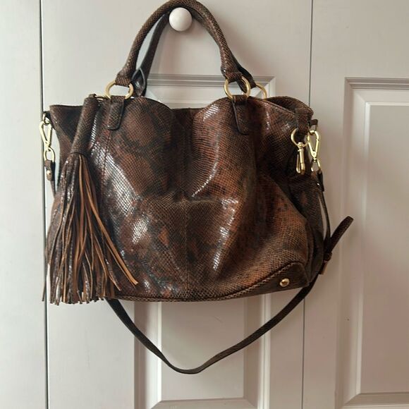 G.I.L.I. Brown snakeskin embossed leather satchel two way bag